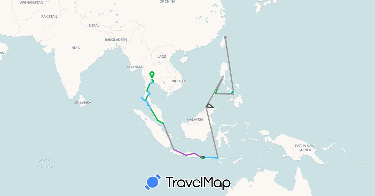 TravelMap itinerary: driving, bus, plane, train, boat, motorbike in Indonesia, Malaysia, Philippines, Singapore, Thailand, Taiwan (Asia)